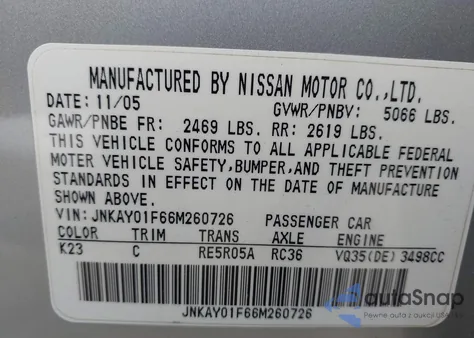 2006 Infiniti M35X from USA, damaged, VIN JNKAY01F66M260726